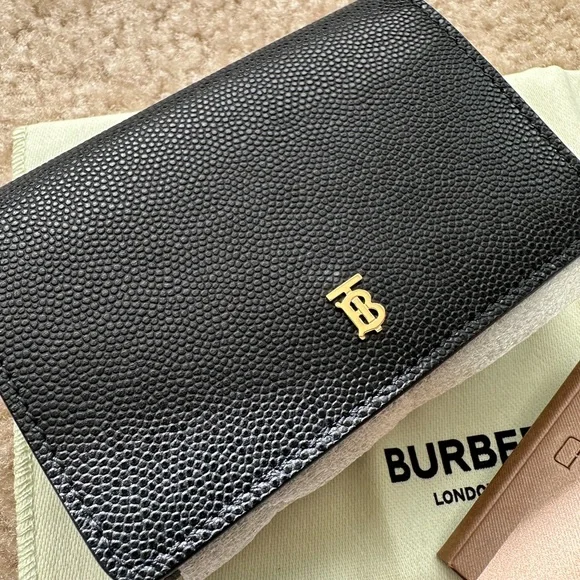 BURBERRY Grained Calfskin TB Compact Tri-Fold Wallet Black
